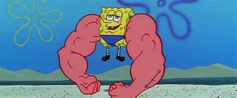 spongebob flexing|muscles on top of spongebob.